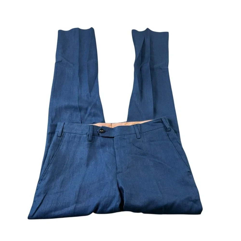 Trillion Pure Linen Flat Front Navy Blue‎ Men's Trouser Size 30xUnf NWOT
